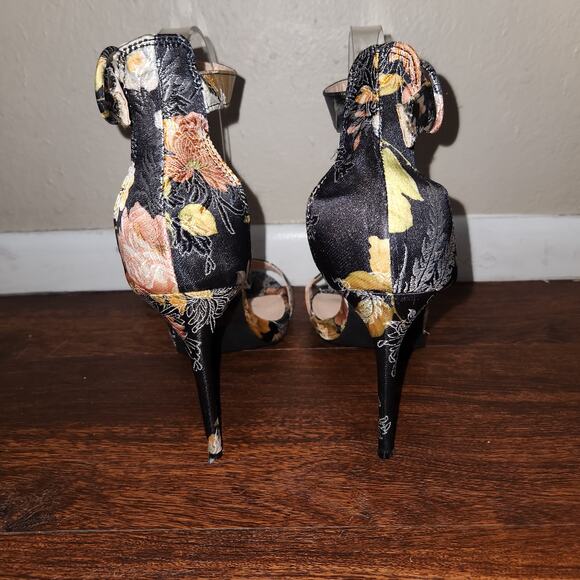 Olivia Ferguson Monica Black Floral Embroidered Satin Ankle Strap Open Toe , 10 - Picture 8 of 10